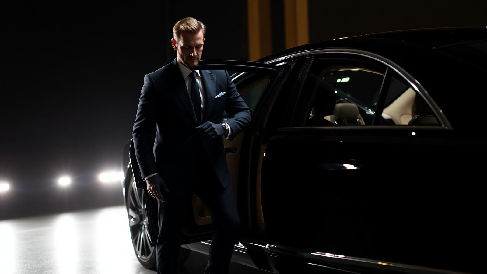 Chauffeur assisting a passenger with an executive vehicle