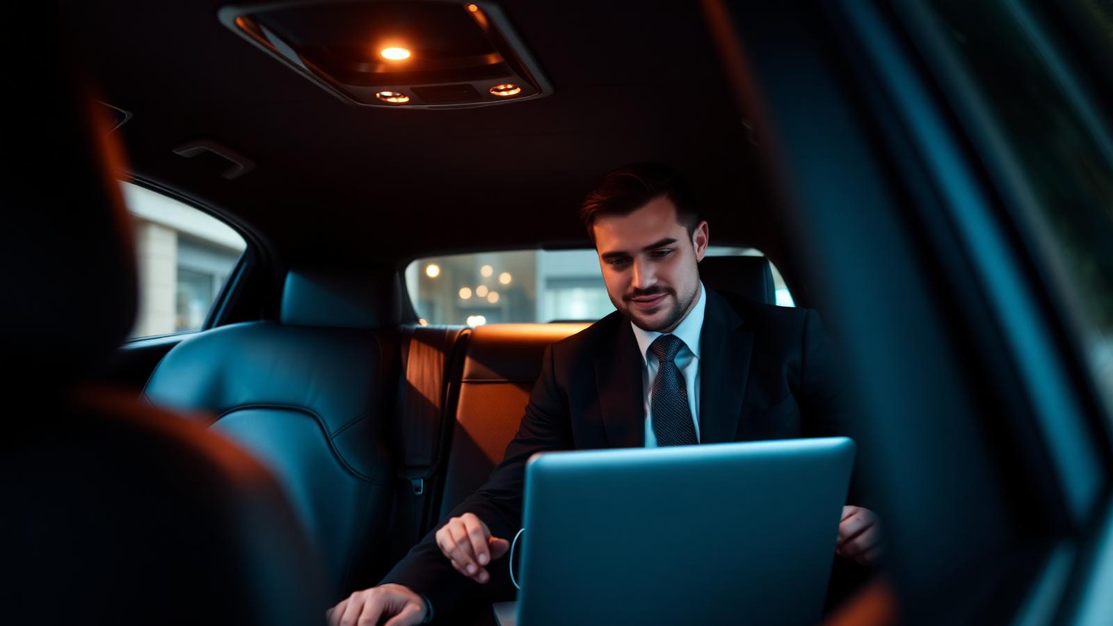 Business passenger in an executive chauffeur vehicle